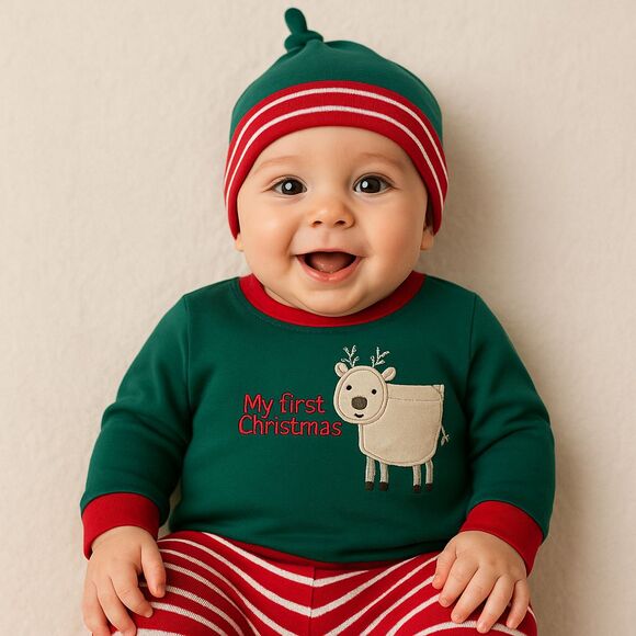NEW Little Me Boys 3 Months "My First Christmas" Reindeer  3 pc Jogger Set W/Hat - Picture 1 of 16